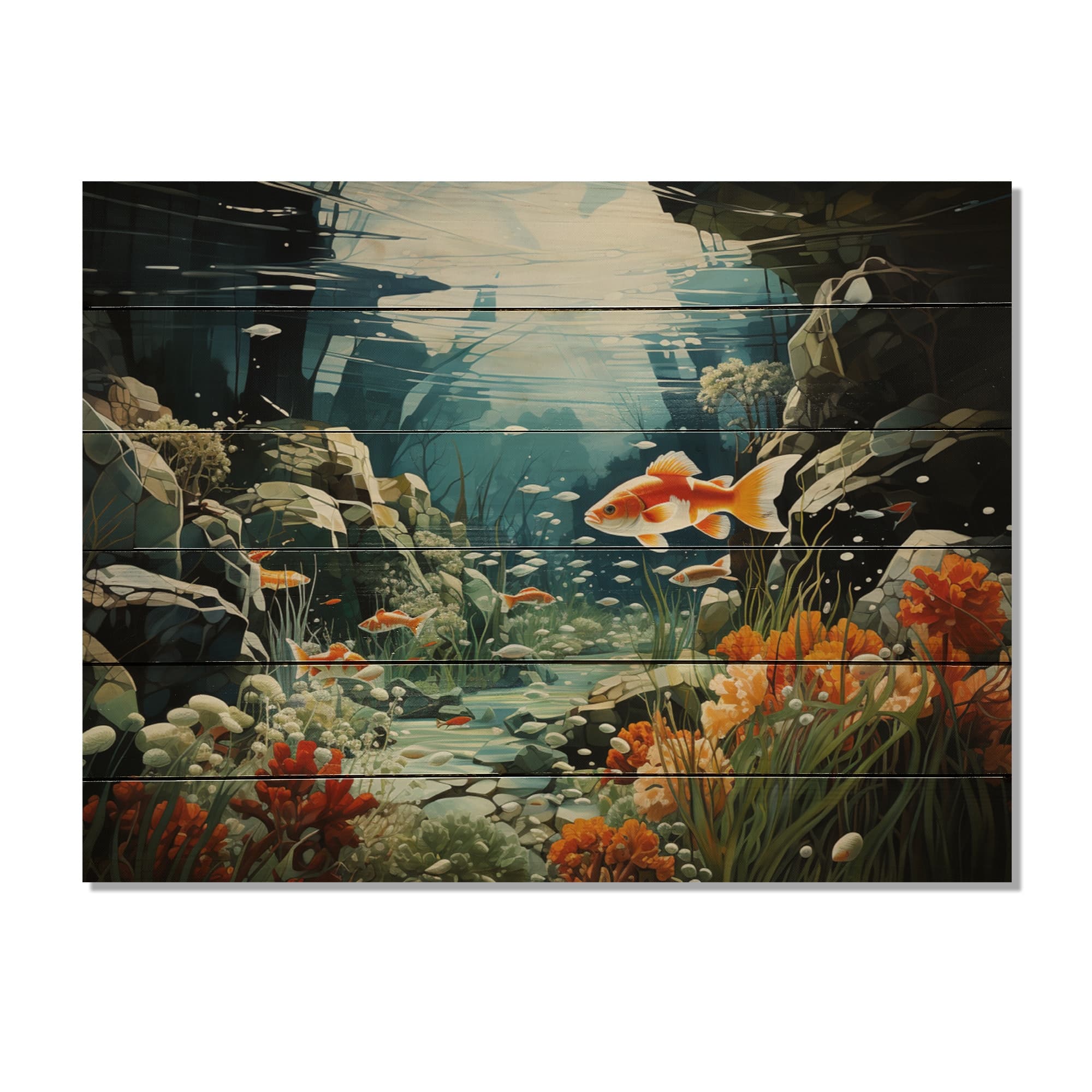 Designart "Aquariums Aquatic Assemblage An" Nautical & Beach Print on Natural Pine Wood Bed